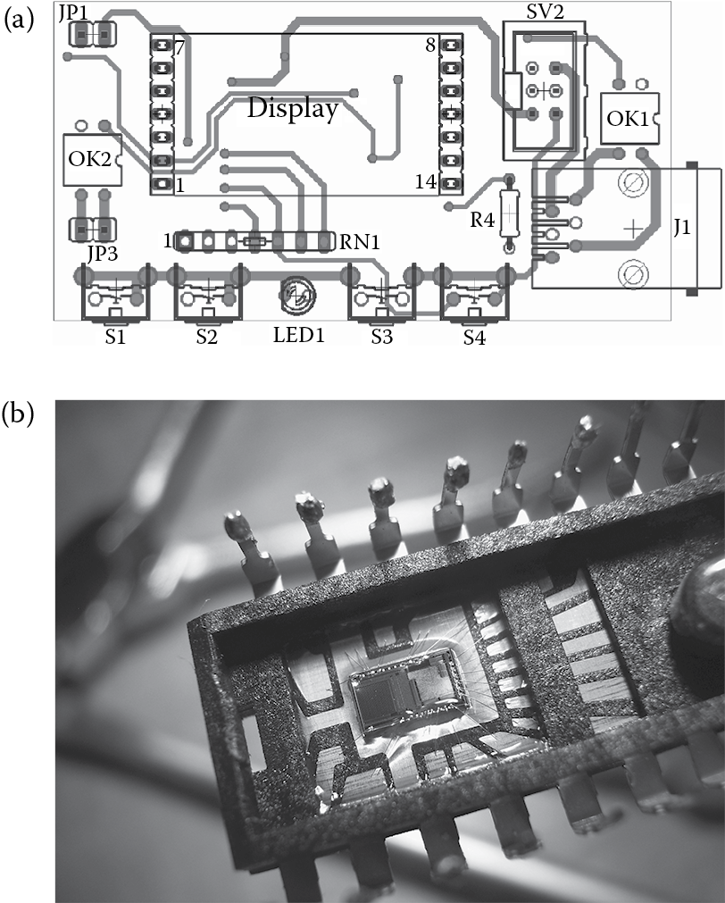 Image of An integrated circuit (a) (Courtesy of Martin Broz, http://commons.wikimedia.org/wiki/File:Navrh_plosny_spoj_soucastky.png.) and a silicon chip (b) (Courtesy of Xoneca, http://commons.wikimedia.org/wiki/File:Integrated_circuit_optical_sensor.jpg