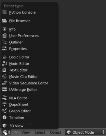 Figure showing Editor Type Menu. By selecting the editor type we need at the determined moment from the Editor Type Menu, Blender will offer us different properties, features, and operators panels.
