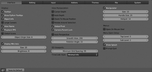 Figure showing User Preferences. We can configure our Blender settings from this editor. Modifying these settings will result in a change in Blender's behavior.