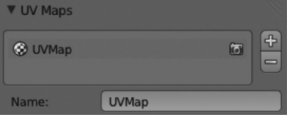 Figure showing UV Maps panel within the Object Data Properties context. We can use this panel to add or delete UV layers.
