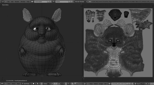 Figure showing The chinchilla character from the Blender Institute's project. Notice how we have some parts of the model selected say by using vertex group and it is automatically visualized in the UVs within the UV/Image editor.