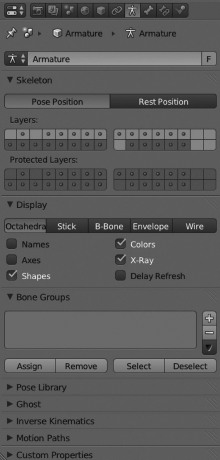 Figure showing Properties of the Armature object are located in the Properties editor once we click the Armature context button.