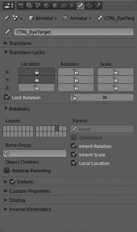 Figure showing We can access the bones' properties panels from the Armature's context by clicking the bone-like icon in the Properties editor.