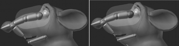 Figure showing We can visualize Envelope mode so we know the influence range. That influcence range might be modified in Pose Mode, as seen in the left image. On the other hand, we can scale the tip and the root so the influence is proportionally scaled too like in the image on the right.