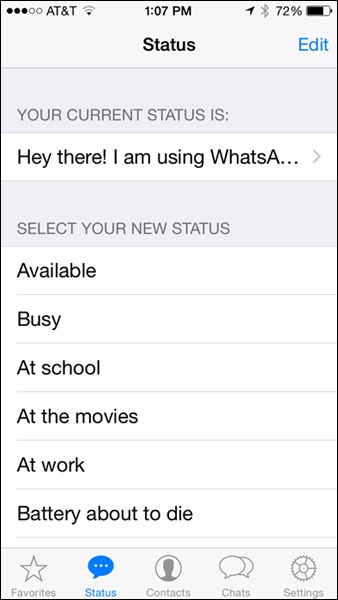 WhatsApp offers a range of availability choices, including the “traditional” options such as Available and Busy, but also other practical status choices such as “Battery about to die.”