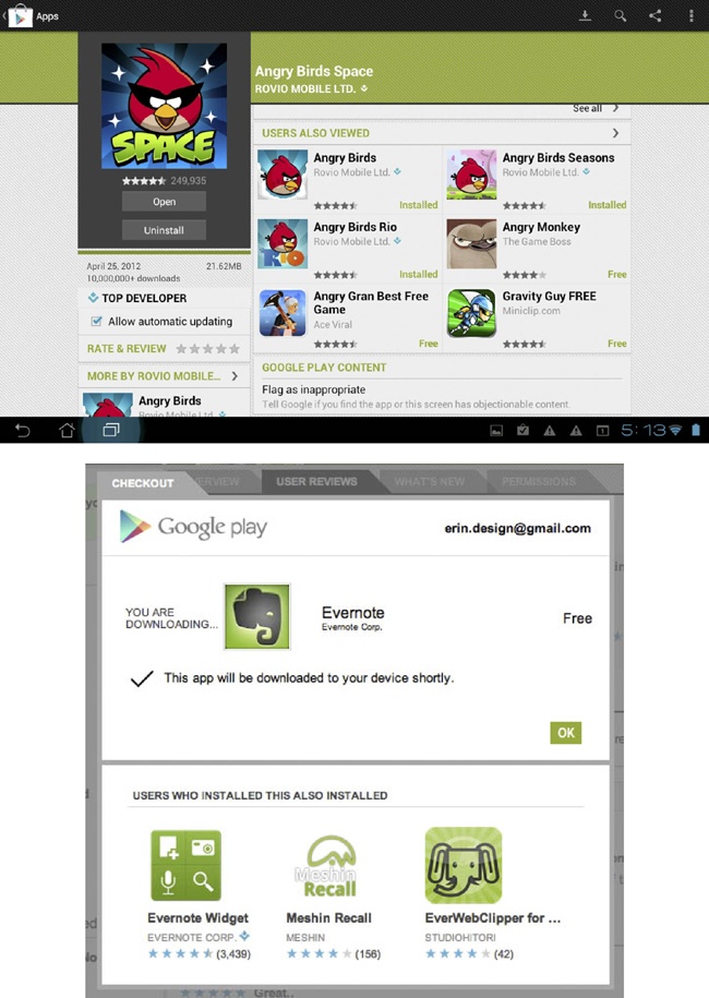 Google Play showcases the ratings for applications on a product page as well as ratings for applications people viewed that are similar to the item being viewed.