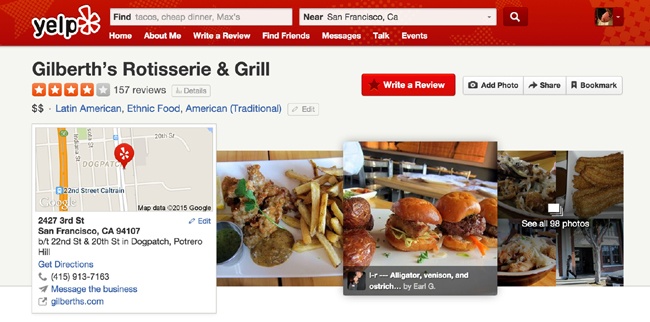 Yelp () uses a slightly larger button in a brighter color (red) for the “Write a Review” call to action.