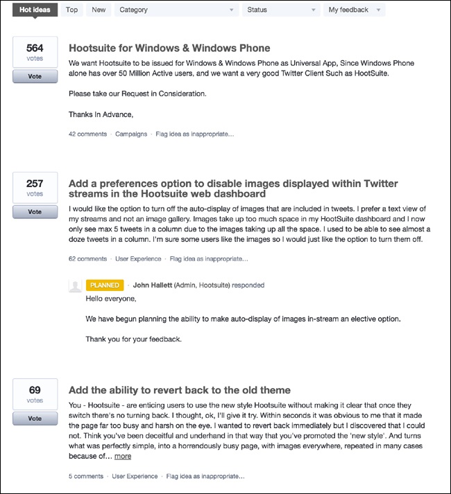 User suggestions on Hootsuite are ordered based on community popularity ().