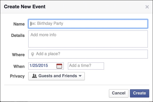 An event creation form on Facebook.