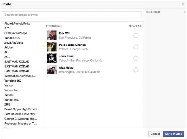 Facebook presents a user’s network in order to easily create a guest list.