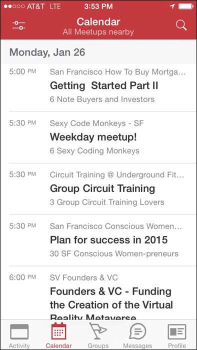 Meetup features event groups by location and topic (Meetup iOS application).