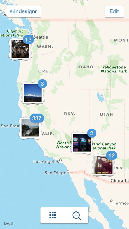 Instagram images collected on a map using the geolocation information embedded in the image taken with a mobile device (Instagram iOS application).