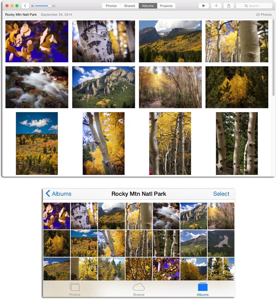 As you can see, Photos for Mac (top) and Photos for iOS (bottom) look similar. They’re shown here in Albums view, which you’ll learn more about in Chapter 3.(Because you can’t view, edit, or create projects in Photos for iOS, it logically lacks Projects view.)