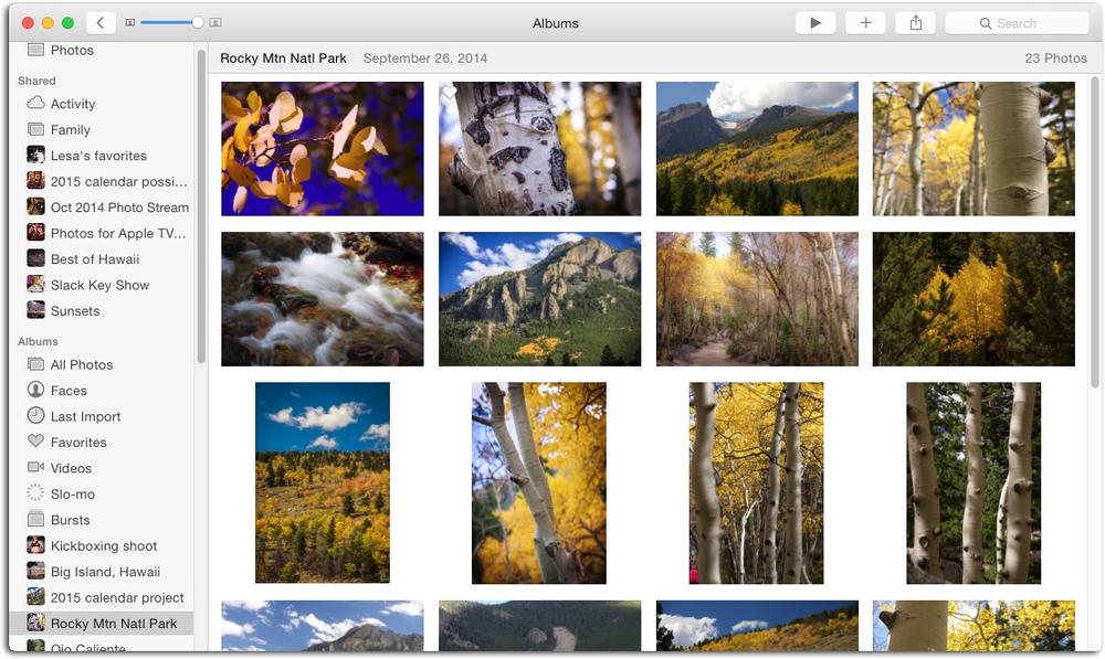 If you miss iPhoto’s Source list, don’t fret; just turn on the Photos sidebar. When you do, your organizational structure appears in it. If you’re used to working in iPhoto, you’ll want to keep the sidebar turned on.(Photos for iOS doesn’t include a sidebar.)