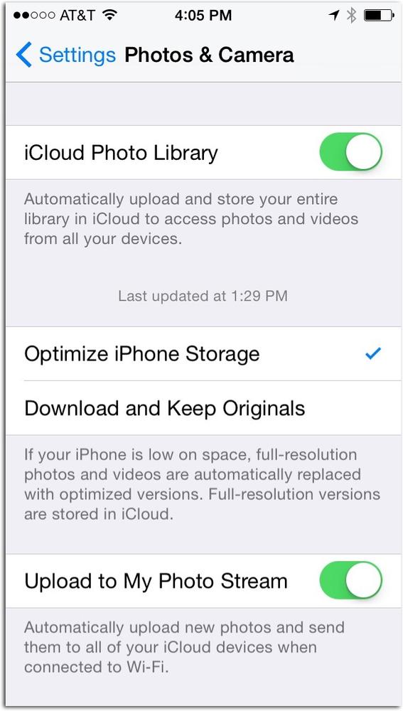 If you have more than one iOS device (lucky you!), be sure to turn on iCloud Photo Library on all of them (or none of them). Why? Because if one of your devices has it turned on but another one merely has My Photo Stream enabled (page 23), you won’t see pictures from one device on the other one.