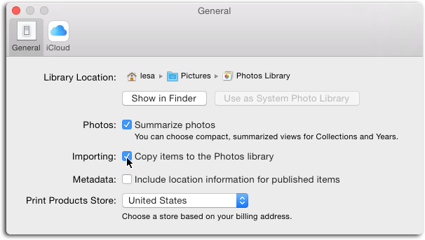 Here’s where you can instruct Photos not to copy imported files into its library. Think long and hard about turning off this setting. If you’re not careful with your files, you’ll soon have a Photos headache of galactic proportions.