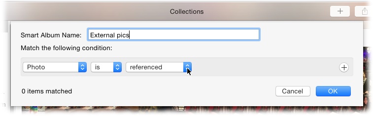 As you’ll learn in Chapter 3, smart albums self-populate based on criteria that you set, so you can easily create one to locate all your referenced files. To do that in Photos, Albums, or Projects view, choose File→New Smart Album and set the menus to “Photo,” “is,” and “referenced” (as shown here), and then click OK.