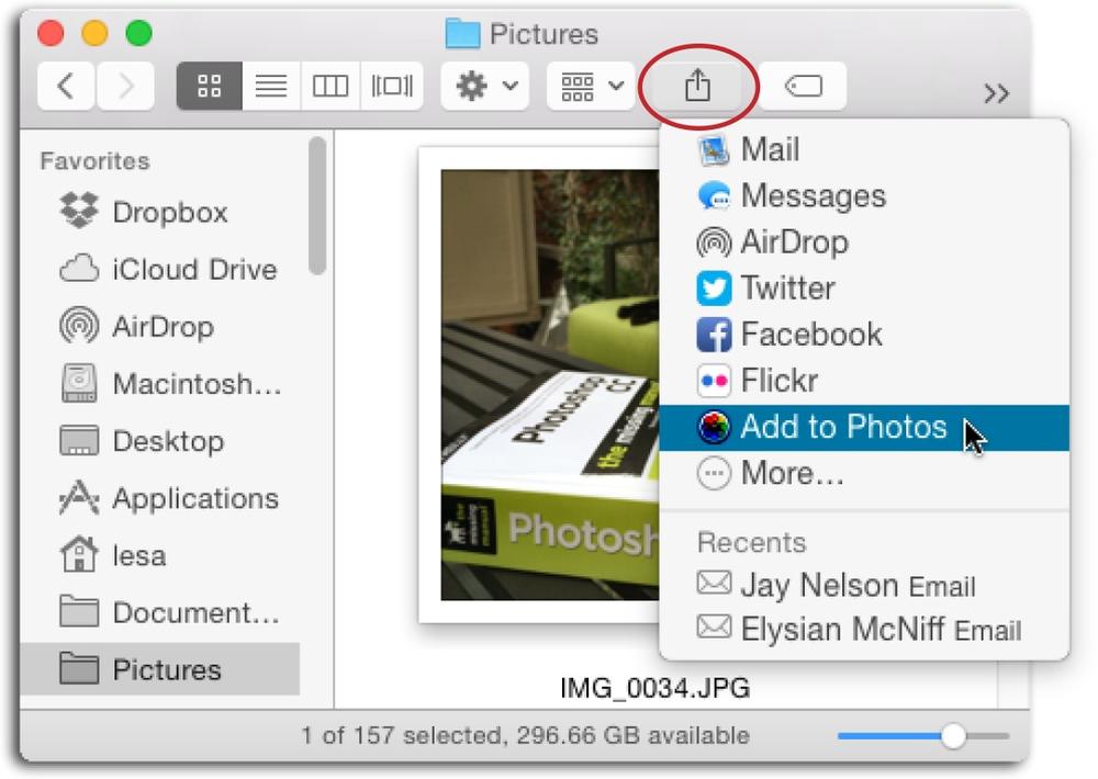 If you select an image or video in a Finder window, you can use this menu to import it into Photos; simply click the share icon circled here to open it. You can also import the file by dragging it onto the Photos icon in your Dock or onto the Photos window.