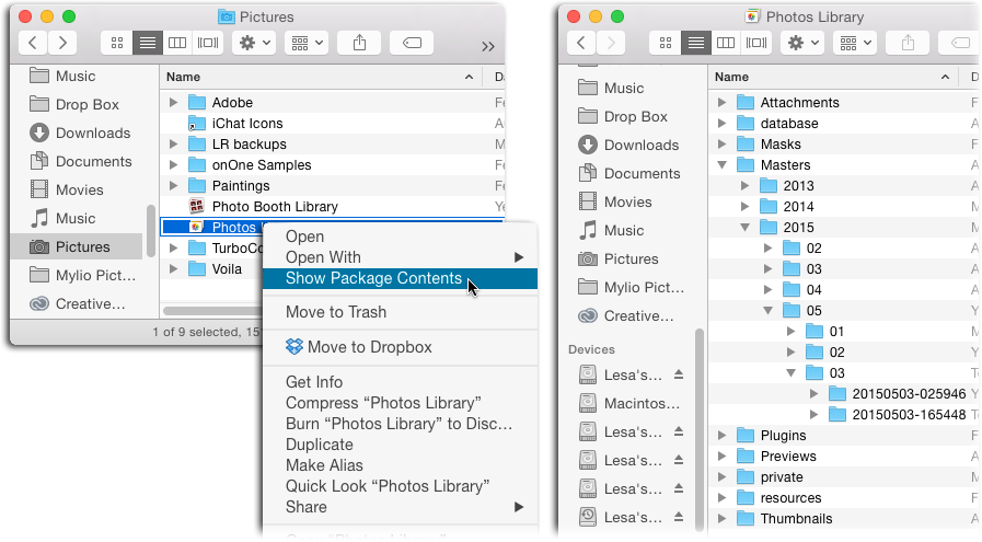 Left: To expose the individual components of the Photos Library file, Control-click the file and choose Show Package Contents.Right: Here you can see the hidden organizational structure of the Photos Library file. For the most part, this stuff won’t mean anything to you. However, the Masters and Previews folders are pretty important, as this section explains.