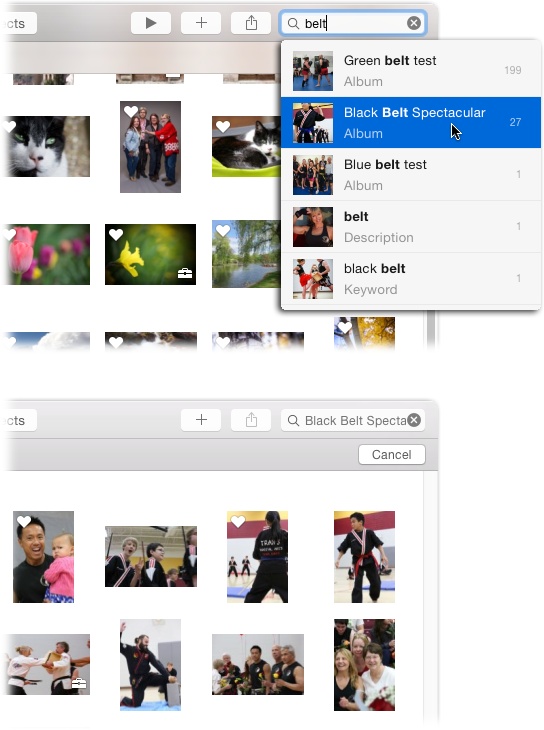 Top: As you type, Photos displays a list of matching items, grouped into categories based on where in the image’s metadata your search term occurs. To see all the thumbnails in a category, click the category’s name in the list.Bottom: The thumbnails appear clustered by date as shown here. To cancel your search and return to what you were previously viewing, click Cancel or the X on the right side of the search field.The search field is for simple text-based searches. For more complex hunting and gathering, use smart albums (page 69) instead. For example, you can use a smart album to search for nearly any combination of details, including some that the search field can’t find. For example, smart albums let you search by metadata—the photographic details like camera model, f-stop, flash status, exposure settings, and so on—and they let you set multiple search criteria. The more you use smart albums, the more you’ll see how handy they are.