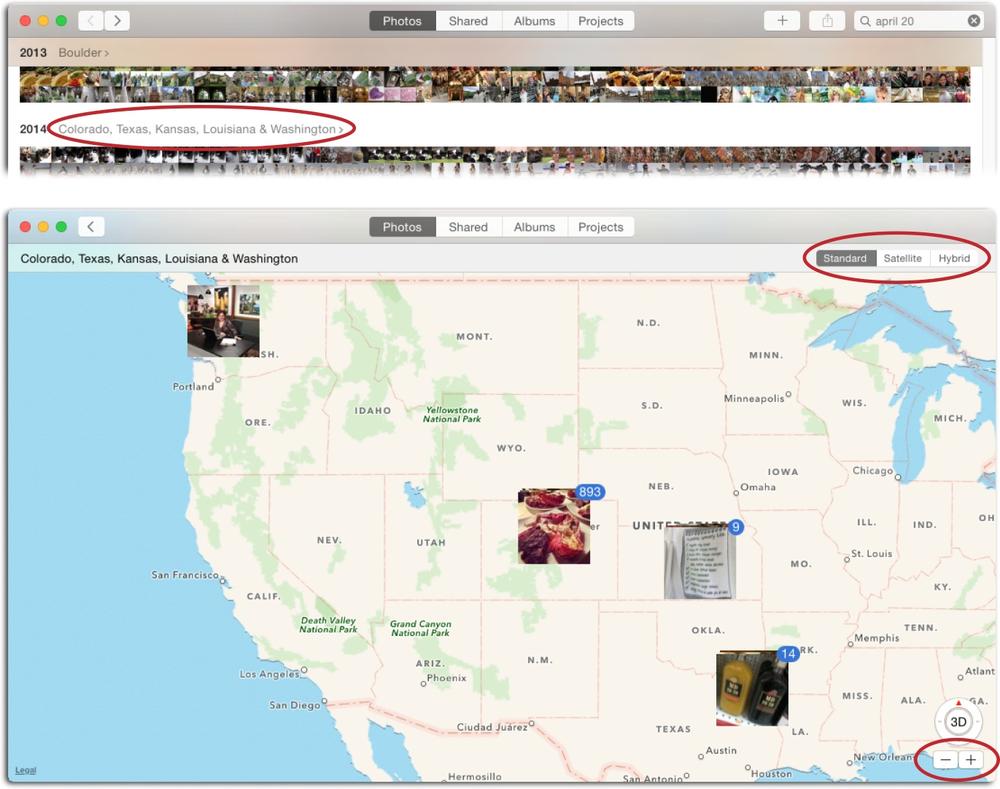 Top: In Photos view, click a location link like the one circled here to view those thumbnails on a map.Bottom: In the map that appears, use the buttons at upper right (circled) to switch between standard view (shown here), satellite (topographic) view, and hybrid view (a mix of both). The buttons at lower right (also circled) let you zoom in and out of the map.