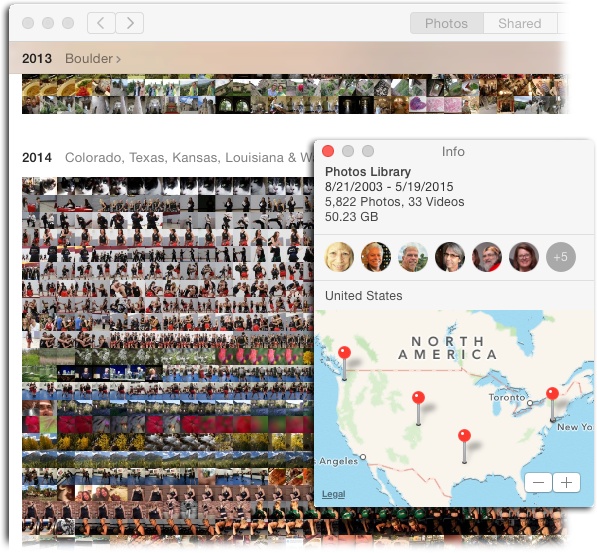 When you’re in Years view, the Info panel shows pins where all your location-tagged images were taken. You can double-click the map to zoom in or click the + button at lower right. To zoom out, Option-double-click the map or click the – button.