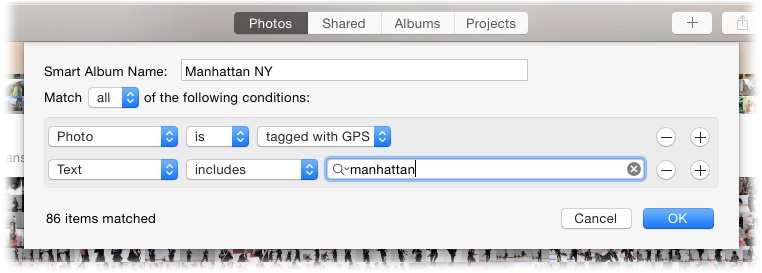 This smart album finds all the photos that contain GPS info and the text “Manhattan.” With the Match menu set to “all,” only pictures that were taken in Manhattan, New York show up, which excludes all the pictures you’ve taken that include the word “Manhattan” elsewhere in their metadata—say, in a description of the famous cocktail you imbibed.