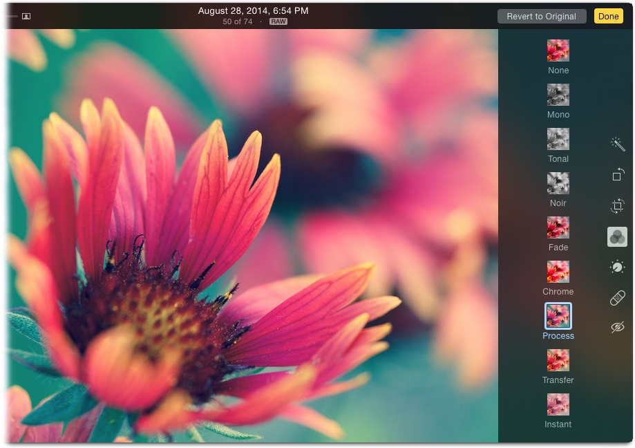 Photos’ Filters panel includes eight trendy color effects. Click each one to see how it changes your image (the Process filter is shown here). Aside from giving an image a creative feel, these filters are great for disguising terrible lighting conditions.To remove a filter you’ve applied, click None at the top of the filter list.
