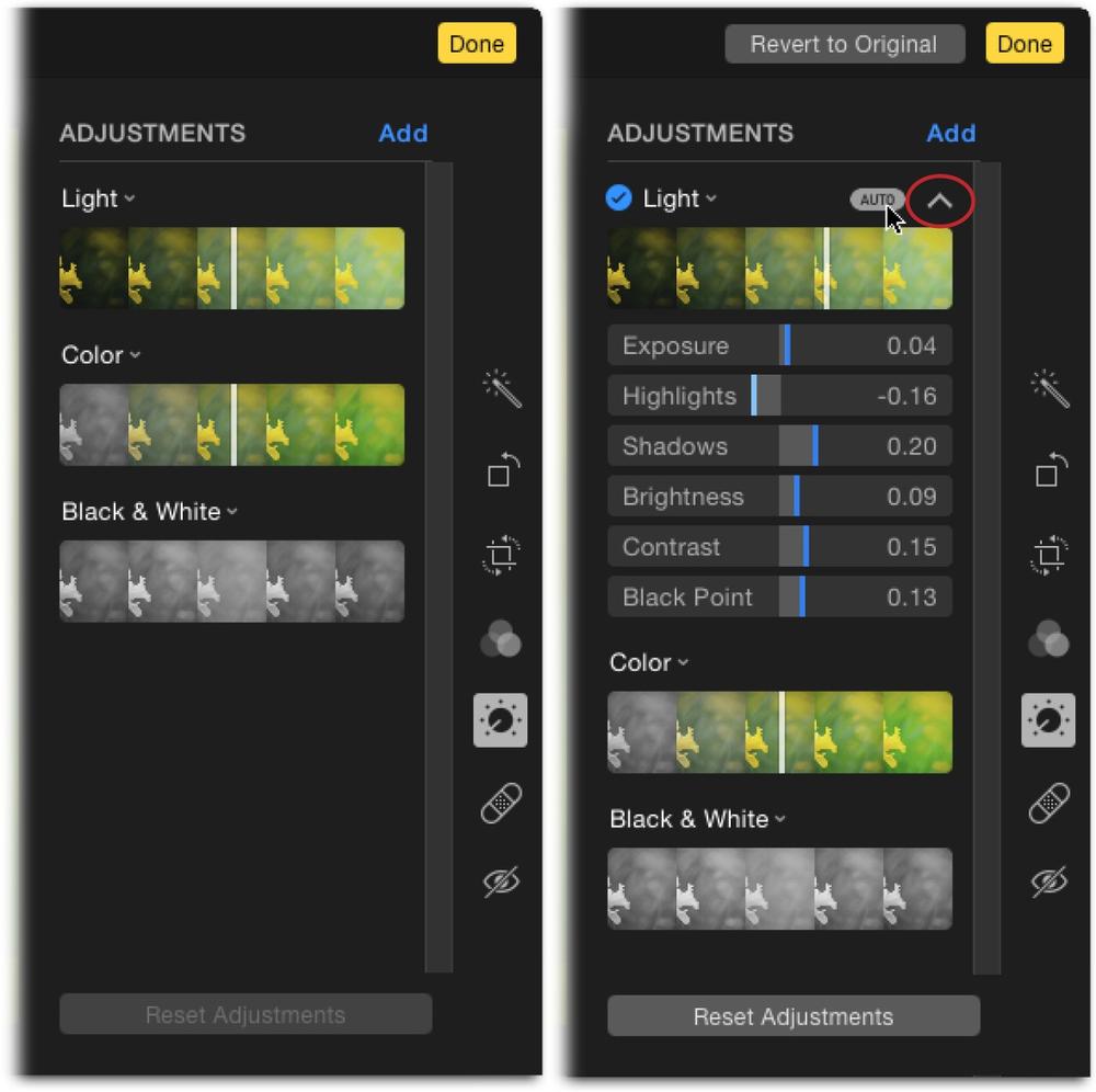 Here’s an unexpanded (left) and expanded (right) view of the Light smart slider. Once it’s expanded, you can drag its sub-sliders to fine-tune corrections or double-click a sub-slider’s number and enter a new value.To put the picture-fixing responsibility in Photos’ hands, click the Auto button that appears when you point your cursor at a smart slider’s name, like the one the cursor is pointing at in the upper right here. Consider the Auto button a great starting point: Click it, and then fine-tune the smart slider.