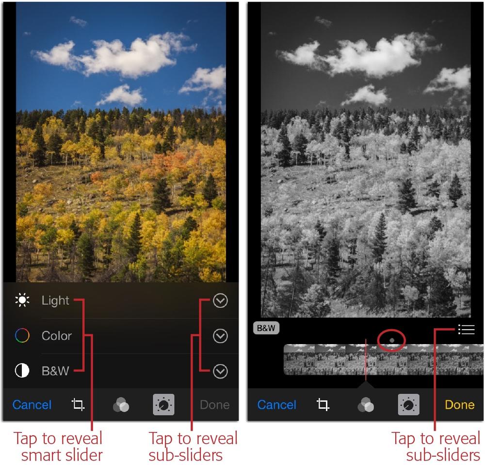 Left: Here’s the Adjustments panel in Photos for iOS, shown in vertical orientation. To access the smart sliders, tap an adjustment category’s name. To go straight to its sub-sliders, tap the down-pointing chevron icon to its right.Right: Once you’ve summoned and tweaked a smart slider (like the B&W slider shown here), a tiny gray dot (circled) appears above the smart slider, indicating its original position. To reveal and adjust its sub-sliders, tap the icon labeled here.