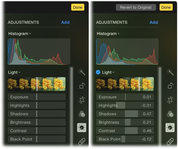 By watching how the histogram data changes as you scoot the Light and Color smart sliders around, you can balance the dark and light tones in your image. The histogram for the original, unbalanced shot is shown here on the left (you can tell that the image is too dark because most of the data is bunched up on the left side of the histogram), and the adjusted version is on the right. Without watching the histogram, your corrections are just guesswork.