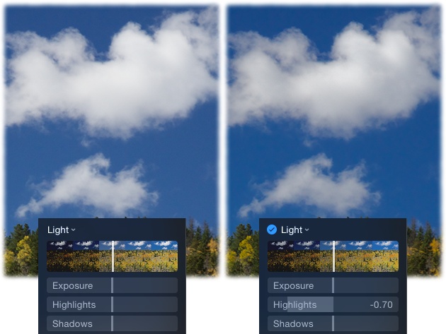 The Highlights and Shadows sliders let you recover details and texture in areas that are too light or too dark.Here you can see how dragging the Highlights slider left recovered details in these clouds.