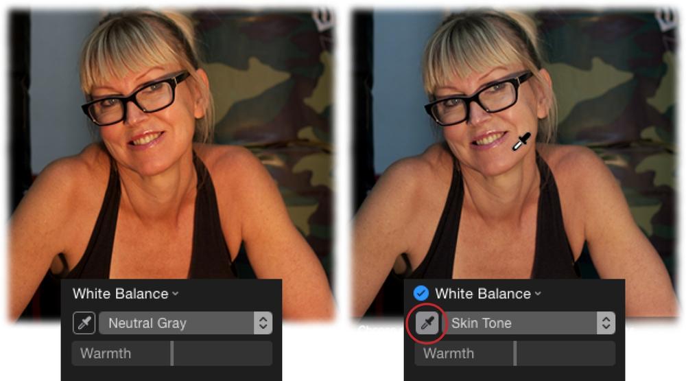 Click the White Balance adjustment’s Auto button (not shown) and, if your image contains a human face, the method menu switches to Skin Tone due to Photos’ facial-recognition ability. To fine-tune the adjustment, use the eyedropper (circled) to click an area of skin. Take care not to click a shiny spot or the white balance will be off.As you can see from this before (left) and after (right) example, Photos was able to nix the pesky yellow cast.