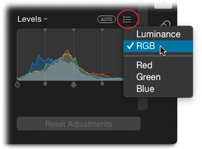 Photos gives you several different histograms to view and adjust. When you click the Levels adjustment’s Auto button (visible here), the only histogram that’s affected is the one you’re currently viewing.