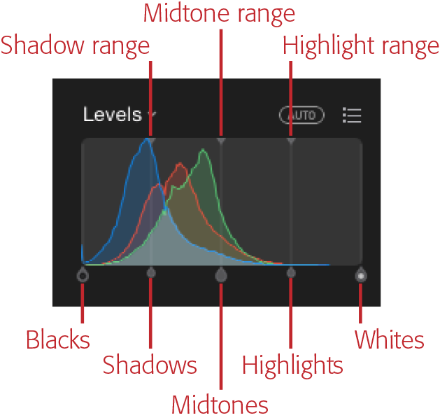 These are the eight Levels sliders you can use to fix your images. Look closely and you see the blacks, grays, and whites sliders are filled with their respective colors. Handy!