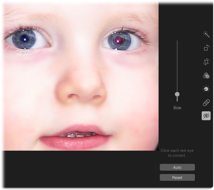 If you click the Auto button shown here, Photos analyzes your picture and fixes red-eye for you (handy when there are several pairs of eyes in your image). To take matters into your own hands, just click each pupil with the round cursor. Use the Size slider to make the cursor slightly bigger than the problem pupil. You can fix red-eye in Photos for iOS, too!