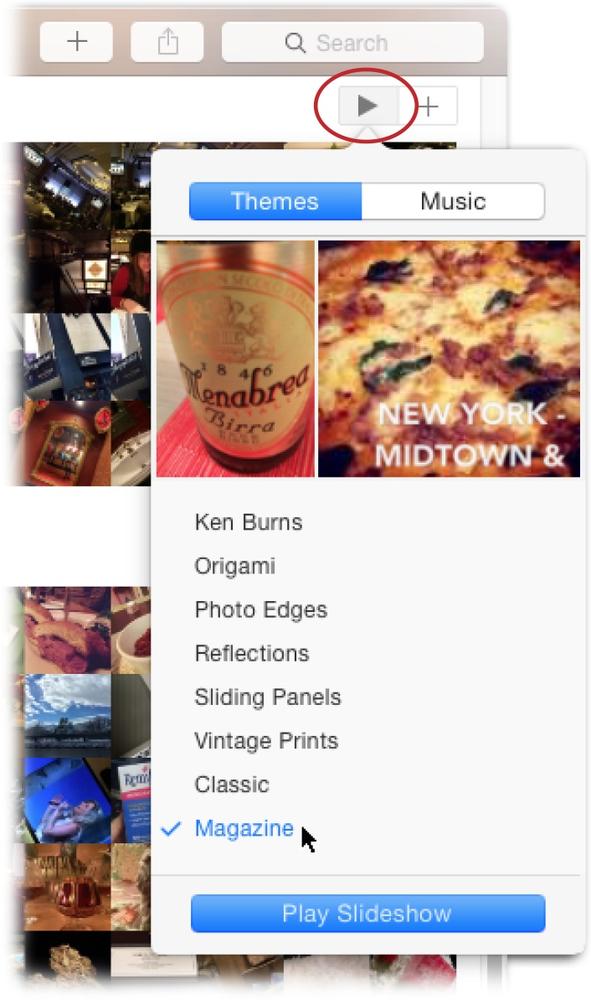 When you kick off an instant slideshow (as shown here in Collections view), at the top of the Themes pane, Photos previews what each theme will look like applied to the first few pictures you selected. Click through the various options to find your favorite. Saved slideshows, on the other hand, include a handy Preview button you can use to test-drive a theme. You’ll learn more about that on page 163.Photos doesn’t have as many slideshow themes as iPhoto. Apple removed Snapshots, Scrapbook, and the super-cheesy Photo and Holiday Mobile themes, along with Shatter and Places. If you import a slideshow project from iPhoto that uses one of those themes, Photos automatically substitutes the Classic theme instead.