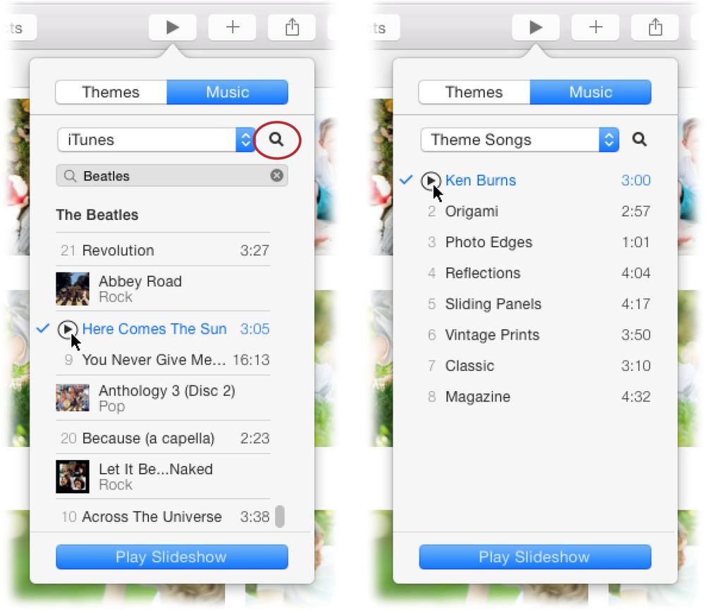 Left: The Music pane lets you scroll through the artists in your iTunes library. Click the magnifying-glass icon circled here to open the search field so you can enter an artist or song’s name. Click a song to select it, or preview it by pointing your cursor at it and then clicking the play button that appears (click the same button to stop the preview).Right: Choose Theme Songs from the panel’s drop-down menu to mix and match slideshow themes with their Apple-assigned theme songs (say, to play the Ken Burns theme song with the Vintage Print slideshow theme).