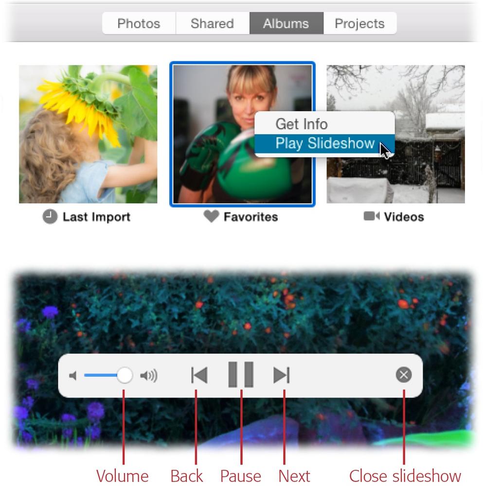 Top: You can trigger an instant slideshow from nearly anywhere in the program. In Albums view, just Control-click any album—even those created by Photos—and choose Play Slideshow.Bottom: If you wiggle your mouse (or touch your trackpad) while a slideshow is playing, you reveal the handy controls shown here. Within a few seconds after you let go, the slideshow controls disappear.