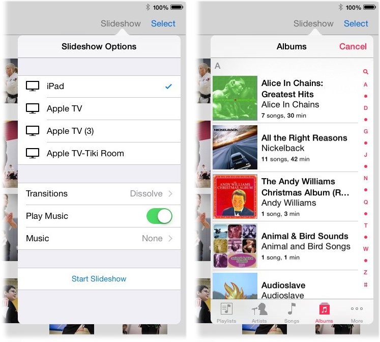 Left: The Slideshow Options pane in the iPad version of Photos for iOS lets you control what device the show plays on, its transition style, and its background music.Right: While the Music pane lets you see your entire iTunes library—playlists, artists, songs, albums, and so on—you can still only pick one song per slideshow. It’s extremely annoying.