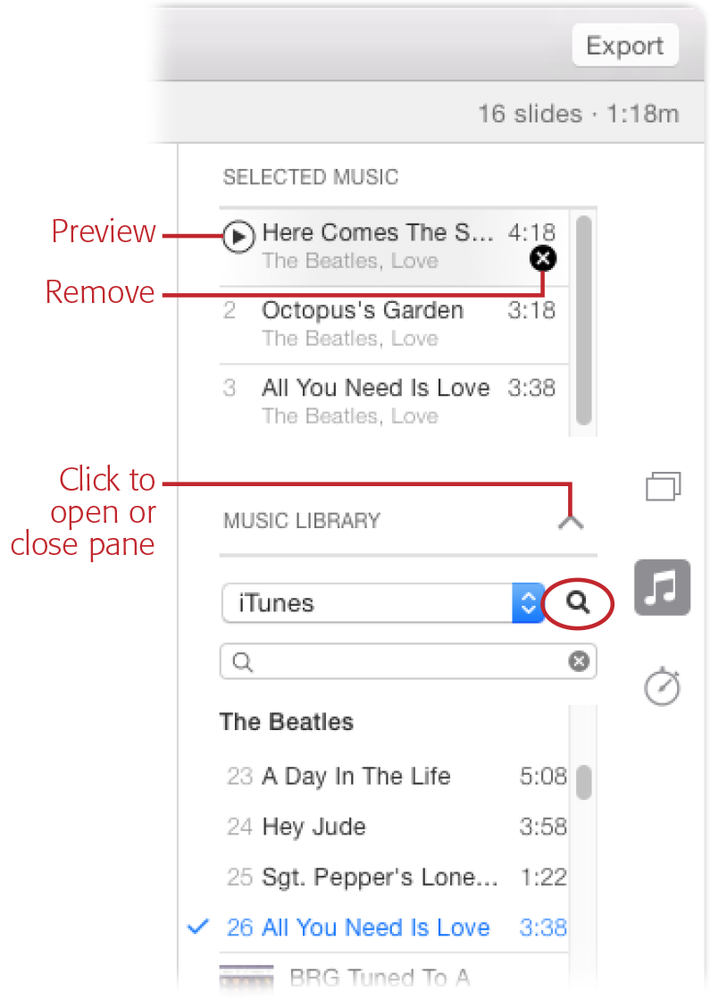 To remove a song you’ve added, point your cursor at it, and then click the tiny X labeled here. To change the order of the songs you’ve selected, drag them up or down in the Selected Music list. You see a thin blue horizontal line as you drag.