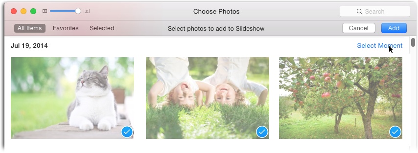 When adding content to a slideshow, point your cursor at a moment, and the words “Select Moment” appear at upper right. Click it to select all the images in that moment. The Favorites button at upper left lets you view and select items in the Favorites album. The Selected button shows the pictures you’ve picked to add to your slideshow, as well as the images that are already in it.