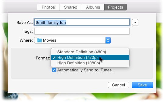 If you plan to upload the exported movie to a website, be sure to take the spaces out of the filename (the text in the Save As field). However, this isn’t necessary if you’re going to upload it to Dropbox.com in order to share with someone else—Dropbox automatically swaps in a % character for each space it encounters.