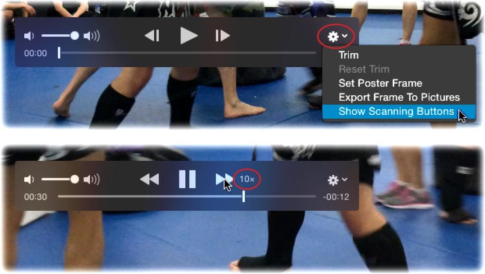 Top: Click the gear icon (circled) to open this menu. Choose Show Scanning Buttons to play your video at varying speeds.Bottom: Notice how the Back and Forward buttons change to double triangles to let you know that scanning is turned on. Click either button to increase playback speed; the more you click, the faster it goes. The tiny indicator circled here shows you the current scanning speed.