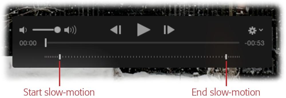 Using the controls labeled here, you can specify exactly when your slow-motion video slows down and speeds up again. By positioning the handles at far left and right, respectively, you can slow the whole video!