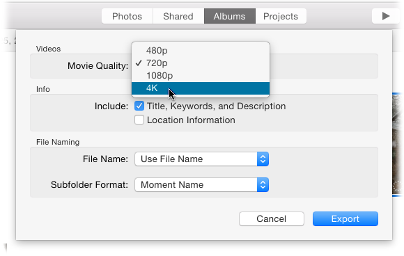 You get more options when exporting a video than you do when exporting a slideshow project. That’s because Photos assumes your exported videos will be used in another program, so it lets you tuck extra info into them such as keywords, location, and so on.