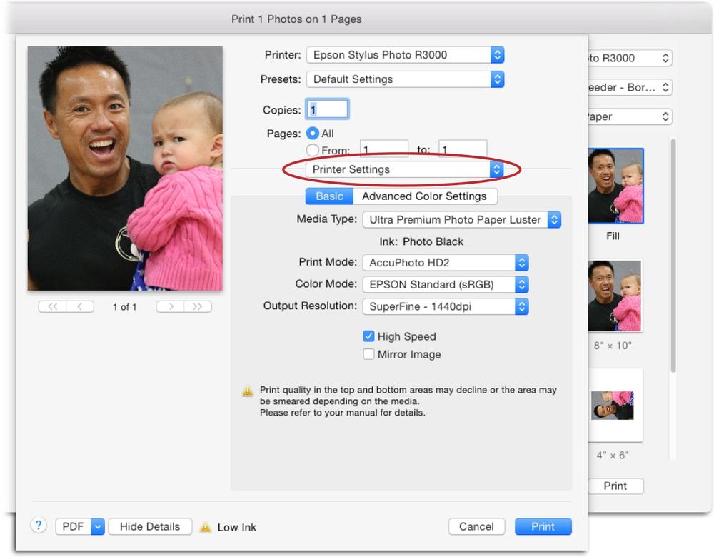 If you don’t have an Epson printer, your OS X print pane may look different than this one. Be sure to dig around for a menu like the one circled here that gives you access to specific paper types as well as output resolution. The more info you give your printer, the better the resulting print will be.