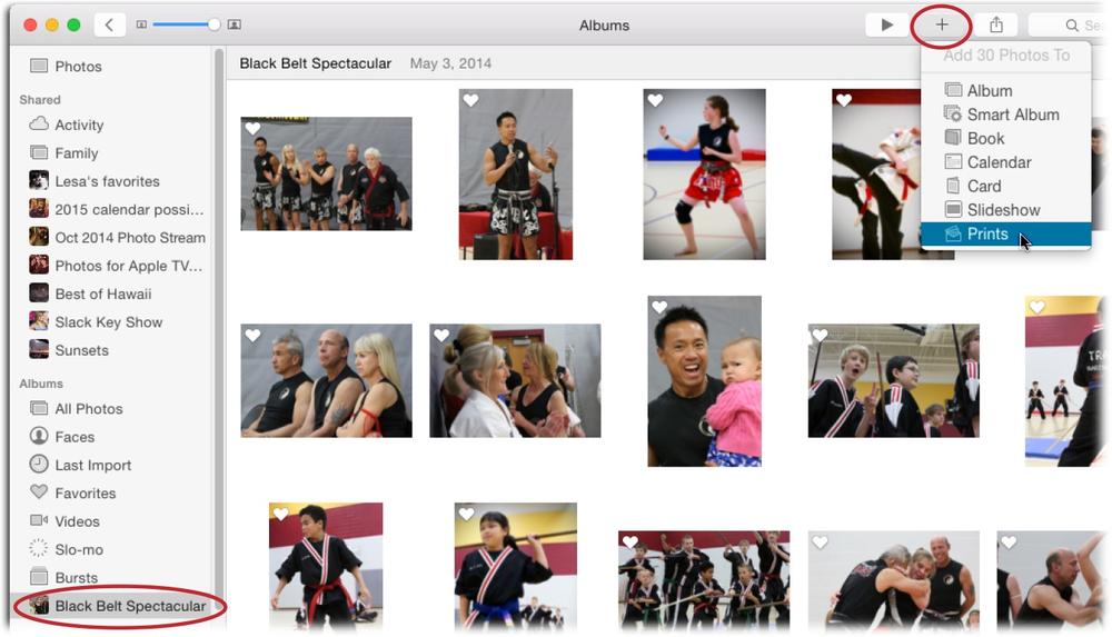 To order prints of everything inside an album (like the one circled in the Sidebar here), be sure there are no thumbnails selected, or else only those pictures get added to your print project. When no thumbnails are selected, Photos adds the full contents of the album to the project.To ensure the right images are selected, peek at the top of the Create menu, which lists how many pictures Photos will include in your project (in this example, it’s 30).