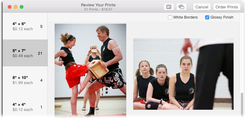 Click a size in the list on the left to see previews of images you’ve selected to print at that size. This view can be a little confusing because it looks like your previews have suddenly disappeared, but they’re actually just organized by size.