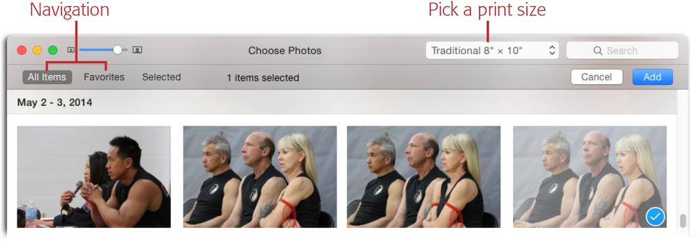 The All Items and Favorites buttons labeled here let you navigate through your library. To add a photo, click its thumbnail and a checkmark appears at its lower right. If you decide not to add the picture, click the thumbnail again to remove the checkmark. After you select a picture, pick a size from the menu labeled here.To see all the photos you’re about to add to your order, including those that are already in your project, click Selected at the screen’s upper left.